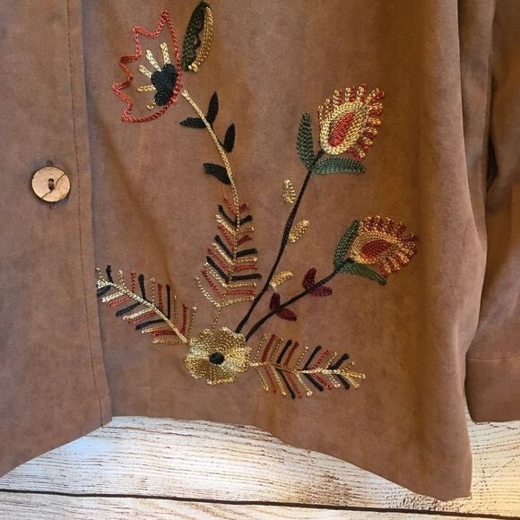 INDIGO MOON FAUX SUEDE EMBROIDERED TOP IN TAN - Picture 6 of 9
